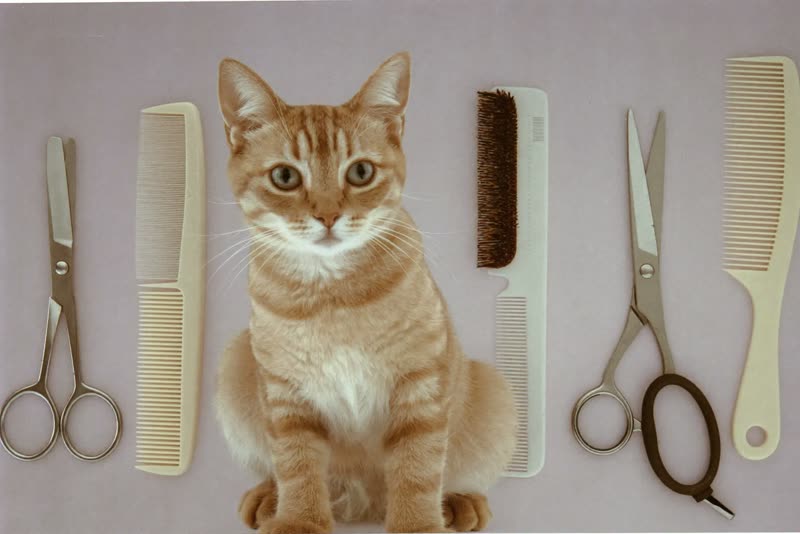 Grooming scissors, comb, brush and clippers laid out on a pastel surface