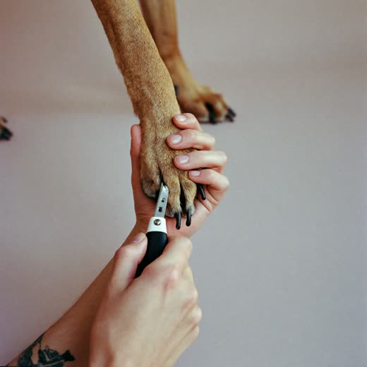 A dog's paw held in a groomer's hands while its nails are clipped
