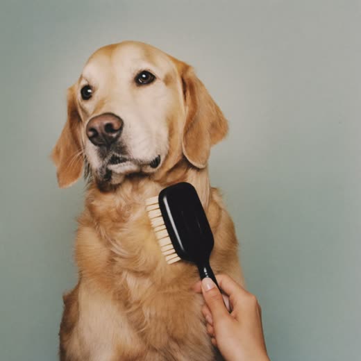 A golden retriever being brushed with a slicker brush