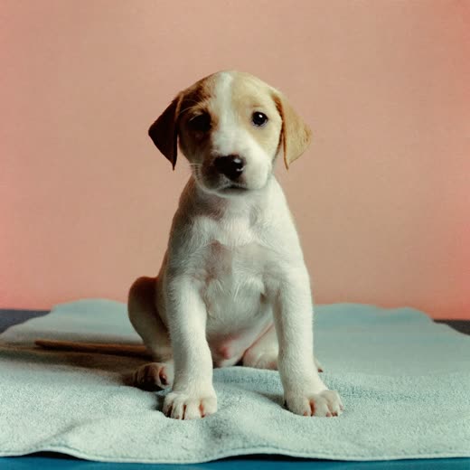 A small puppy sitting on a towel after a groom
